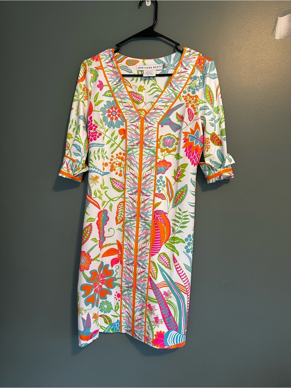 Gretchen Scott Designs White Tunic Shift Dress- vibrant florals- size  xs